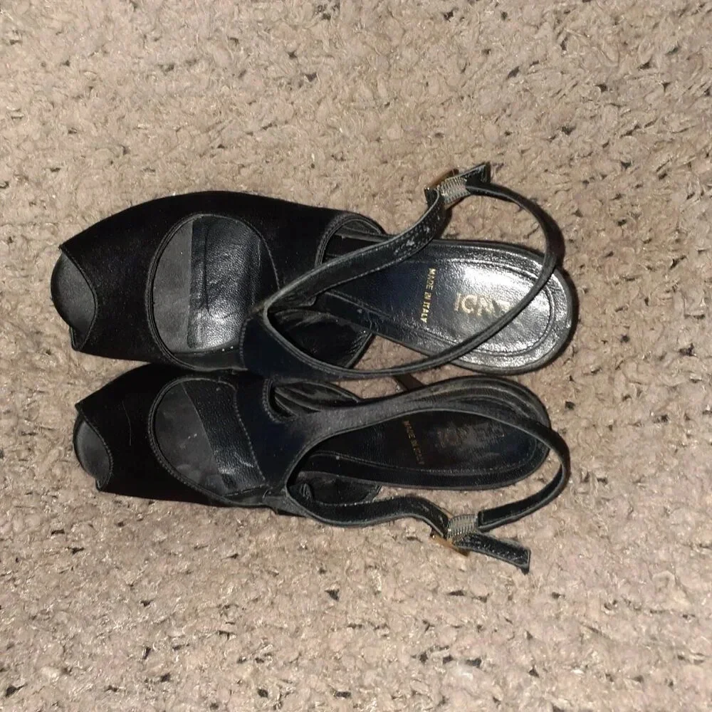 FENDI-Black Satin Peep Toe Platform Slingback Sandals-Sz 37.5-Excellent - Picture 6 of 8